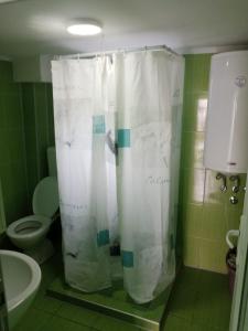 a bathroom with a toilet and a shower curtain at Apartmani Stojković 2 in Kuršumlija