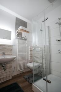 uma casa de banho com uma cabina de duche em vidro e um WC. em HoltRock em Oberhausen