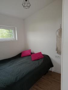 a bedroom with a black bed with two pink pillows at Między Jeziorami in Ogonki