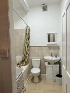 a small bathroom with a toilet and a sink at Perfect Ardrossan 1-bed flat. 5 min to north beach. in Ardrossan