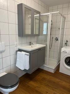 e bagno con lavandino, servizi igienici e doccia. di Schöne Ferienwohnung in Stockach a Stockach