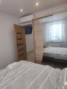 a bedroom with a mirror and a bed in it at Apartament Klimatyzowany na Ciepłej in Białystok