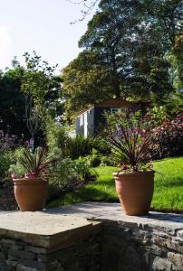 due grandi vasi di fiori in un giardino di The Garden Hut Cilcain a Mold