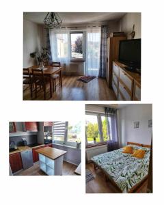 three pictures of a kitchen and a living room at Apartament Kajki in Mrągowo