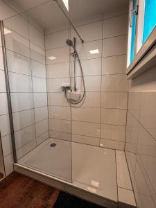 y baño con ducha y puerta de cristal. en Ferienwohnung Sonnenhof, en Niederstotzingen