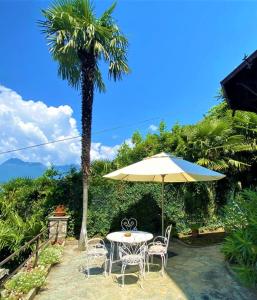 a table and chairs with an umbrella and a palm tree at Villa Silvana in Perledo