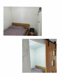 two pictures of a bedroom with a bed and a door at Apartament Kajki in Mrągowo