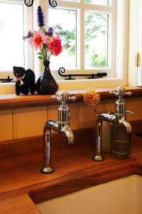 - un lavabo avec deux robinets et des fleurs sur un comptoir dans l'établissement The Garden Hut Cilcain, à Mold
