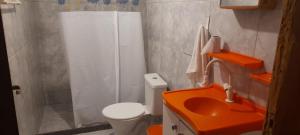 La salle de bains est pourvue d'une douche, de toilettes et d'un lavabo. dans l'établissement Casa girassol, à Nova Friburgo