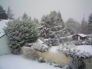 um quintal coberto de neve com árvores e uma casa em HOTEL LE CHARME con parking em San Carlos de Bariloche