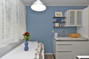 a blue kitchen with a vase of flowers on a table at Ferienwohnung für 6 Personen ca 53 qm in Pula, Istrien Istrische Riviera in Pula