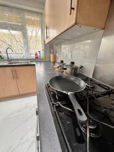 a kitchen with a stove with a pan on it at Luxury rooms in Bow in London