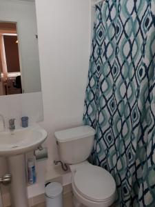 Un baño con inodoro, lavabo y cortina de ducha. en Los Quillayes, en Los Ángeles