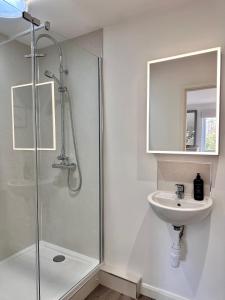 La salle de bains est pourvue d'une douche et d'un lavabo. dans l'établissement Alderbury Studio, à Salisbury
