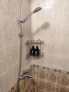 a shower with two bottles on a shelf in a bathroom at Podslon Varna Vibes in Varna City