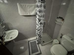 a bathroom with a toilet sink and a shower curtain at Λευκή Καμέλια in Anilio Pelion