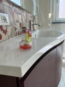 un lavandino in bagno con un barattolo sopra di Casa Elogi a Buti