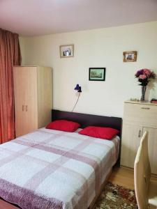 een slaapkamer met een bed met 2 rode kussens bij Привилидж первая линия in Sveti Vlas +30 foto's