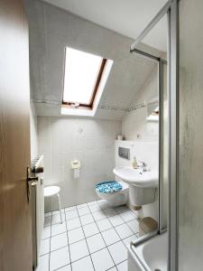 een badkamer met een wastafel, een toilet en een raam bij Vintage-Wohnung mit Wintergarten in Tauche