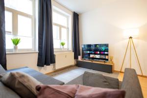 ein Wohnzimmer mit einem Sofa und einem Flachbild-TV in der Unterkunft Ko-Living - Händel Stuben - Street Art Design Apartments - Altstadt - zentral - Küche - Smart TV - mehrere Apartments - bis zu 6 P in Halle an der Saale