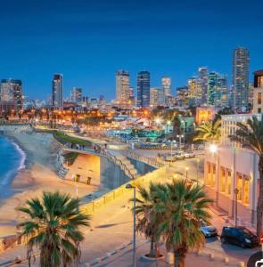 eine Stadt in der Nacht mit Palmen und einer Stadt in der Unterkunft דירה רומנטית ברחוב בוגרשוב ליד הים in Tel Aviv