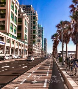 eine leere Stadtstraße mit Palmen und Autos in der Unterkunft דירה רומנטית ברחוב בוגרשוב ליד הים in Tel Aviv