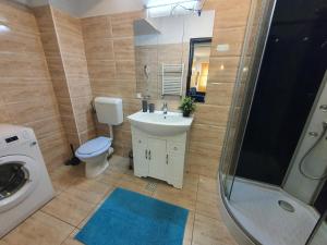une salle de bains avec toilettes, lavabo et douche dans l'établissement Fundeni Apartments, à Bucarest 108 autres photos
