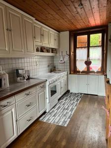 Il comprend une cuisine avec des placards blancs et un plafond en bois. dans l'établissement Maison Ray Sur Saône, à Ray-sur-Saône