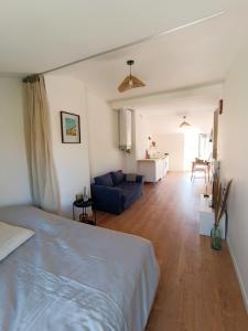 a bedroom with a bed and a living room at Cosy Studio - Heart of Millau in Millau