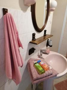 a bathroom with pink towels and a sink at Appartement-Vierzon-centre in Vierzon