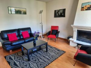 uma sala de estar com mobiliário de couro preto e uma lareira em Maison de charme avec terrasse et garage fermé proche des volcans em Royat