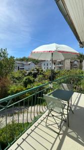 d'une table et d'un parasol sur le balcon. dans l'établissement Charmant T1 entre ville et lac avec balcon, à Aix-les-Bains