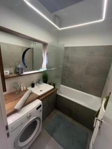 a bathroom with a sink and a washing machine at Cozy apartment close to the city center in Bratislava