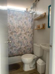 a bathroom with a toilet and a shower curtain at frente al mar San Bartolo in San Bartolo