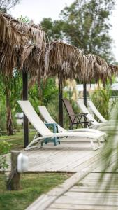 a row of lounge chairs under a straw umbrella at Complejo Enrique Joaquin in Mercedes