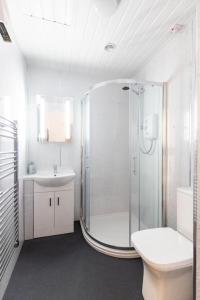 a bathroom with a shower and a toilet and a sink at Helensburgh Holiday Apartment in Helensburgh
