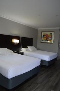 2 bedden in een hotelkamer met witte lakens bij Fairview Inn & Suites in Healdsburg