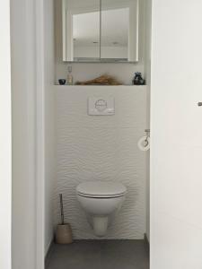 a bathroom with a white toilet in a room at Au jardin suspendu in Vanves