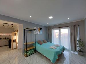 een slaapkamer met een blauw bed en een raam bij La casita de Fran in Comandante Luis Piedra Buena