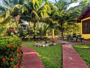 a park with a picnic table and benches and palm trees at Garden Cottage in San Ignacio