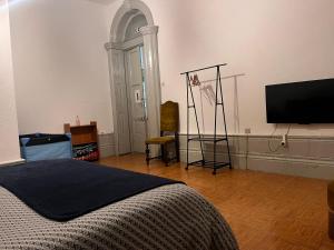 um quarto com uma cama e uma televisão de ecrã plano em Residência Céu Azul no Porto