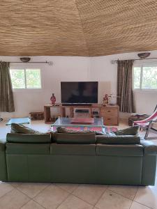 a living room with a green couch and a flat screen tv at HaciendO in Somone