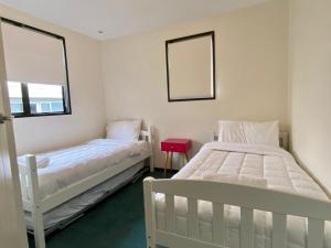 two beds in a room with two windows at Hallewell Haven in Twizel