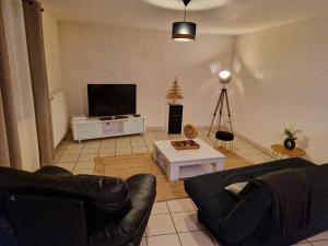 ein Wohnzimmer mit 2 Sofas und einem TV in der Unterkunft Gîte Lunéville, 4 pièces, 5 personnes - FR-1-584-106 in Lunéville