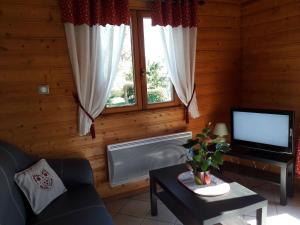 a living room with a couch and a television at Chalet confort en montagne, près des thermes et circuits de rando, idéal pour famille - FR-1-589-135 in Le Val-dʼAjol