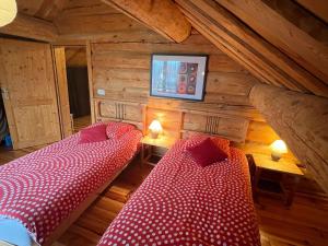 a bedroom with two beds in a wooden cabin at Gîte Anould, 4 pièces, 6 personnes - FR-1-589-49 in Anould