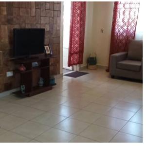uma sala de estar com uma televisão e um sofá em The Abode Apartments Lake view & Breakfast Suite Near Beach em Entebbe