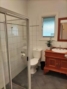 a bathroom with a toilet and a sink and a shower at OXENBERRY FARM in McLaren Vale