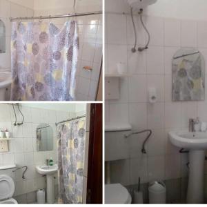 a bathroom with a shower curtain and a sink at The Abode Apartments Lake view & Breakfast Suite Near Beach in Entebbe