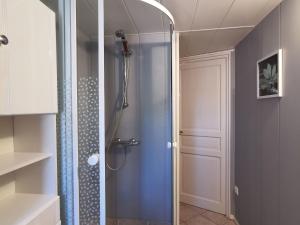 Saint-Just-près-BrioudeにあるGîte paisible rénové à St Just, terrasse privée, randonnées, proche Puy en Velay - FR-1-582-343の浴室のガラス扉付きシャワー